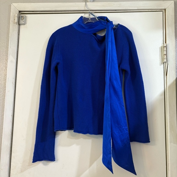 RtA Millie Tie Neck Sweater 100% Cashmere Silk Royal Blue Small Scarf Cut Out - Picture 5 of 15